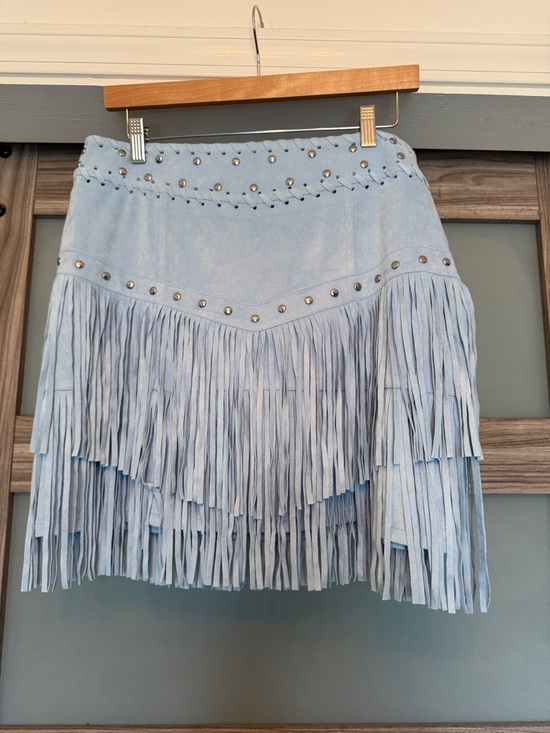 Idyllwind Dresses & Skirts - Idyllwind Light Blue Suede Fringe Mini Skirt with Studs